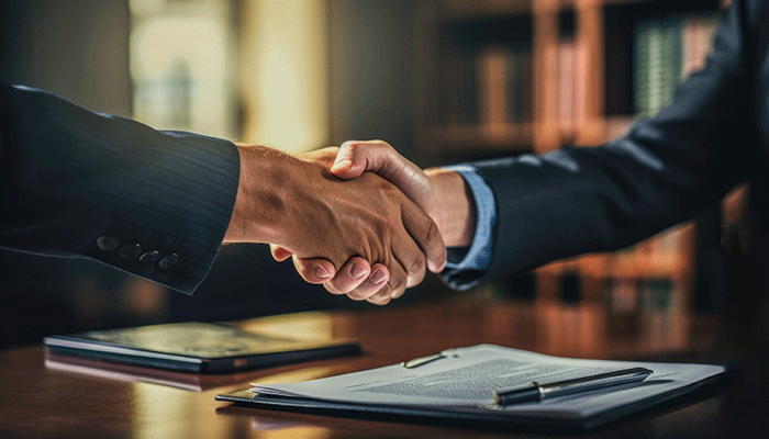 Handshake between an attorney and a client in a law firm office